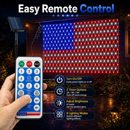 Solar American Flag Net Lights – Waterproof Outdoor LED Patriotic Decorations for 4th of July & Memorial Day