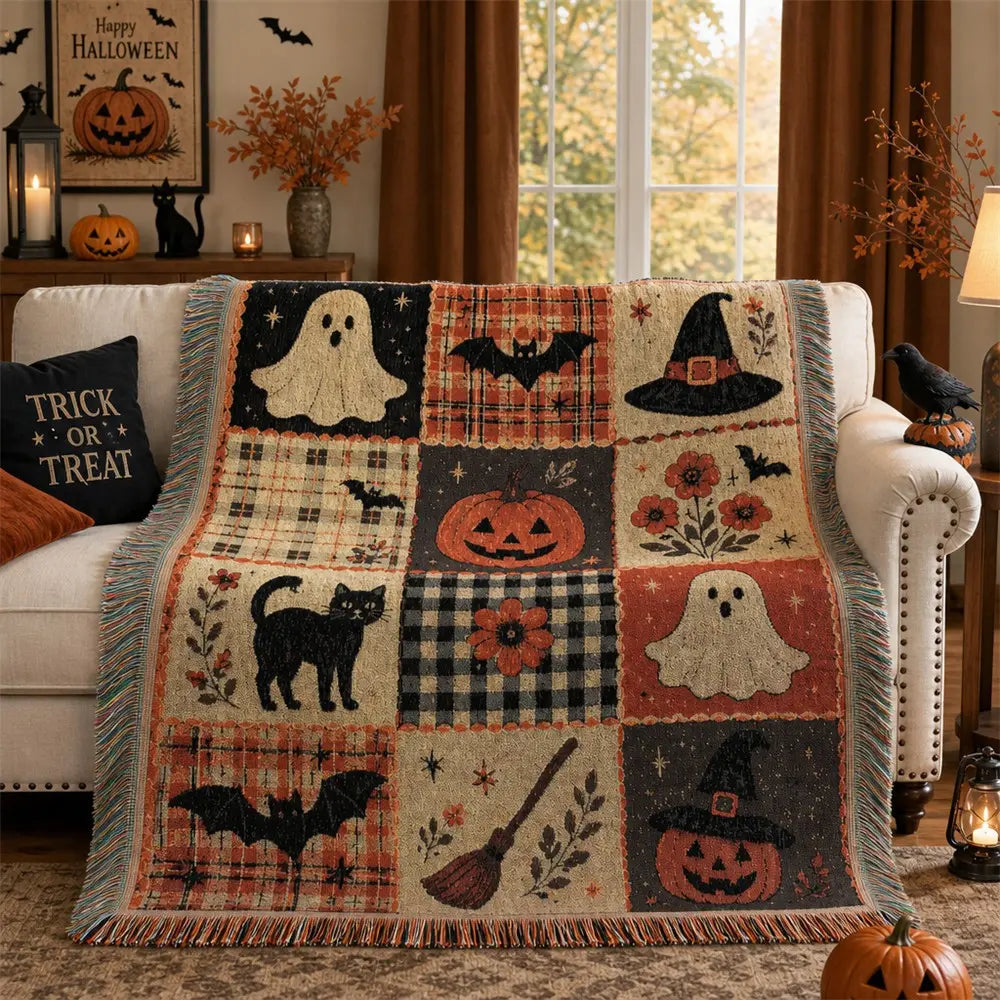 Halloween Patchwork Woven Throw Blanket with Tassels