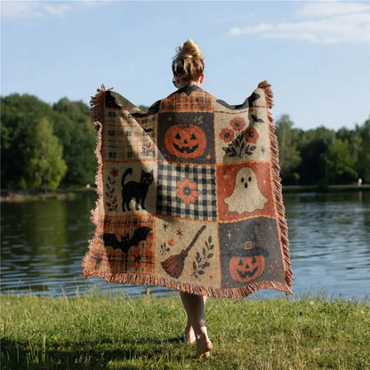 Halloween Patchwork Woven Throw Blanket with Tassels