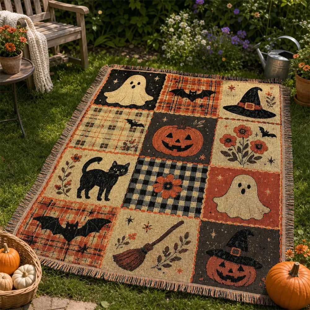 Halloween Patchwork Woven Throw Blanket with Tassels