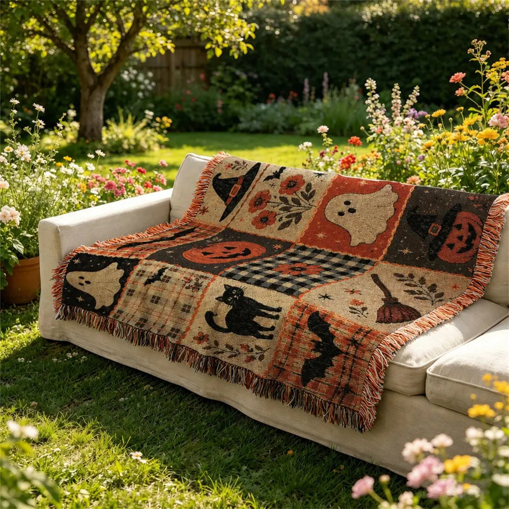 Halloween Patchwork Woven Throw Blanket with Tassels