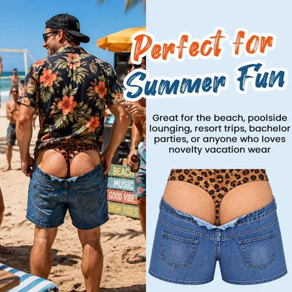 😄Funny Leopard‐Print Fake Denim Swim Shorts | Novelty Illusion Beach Trunks