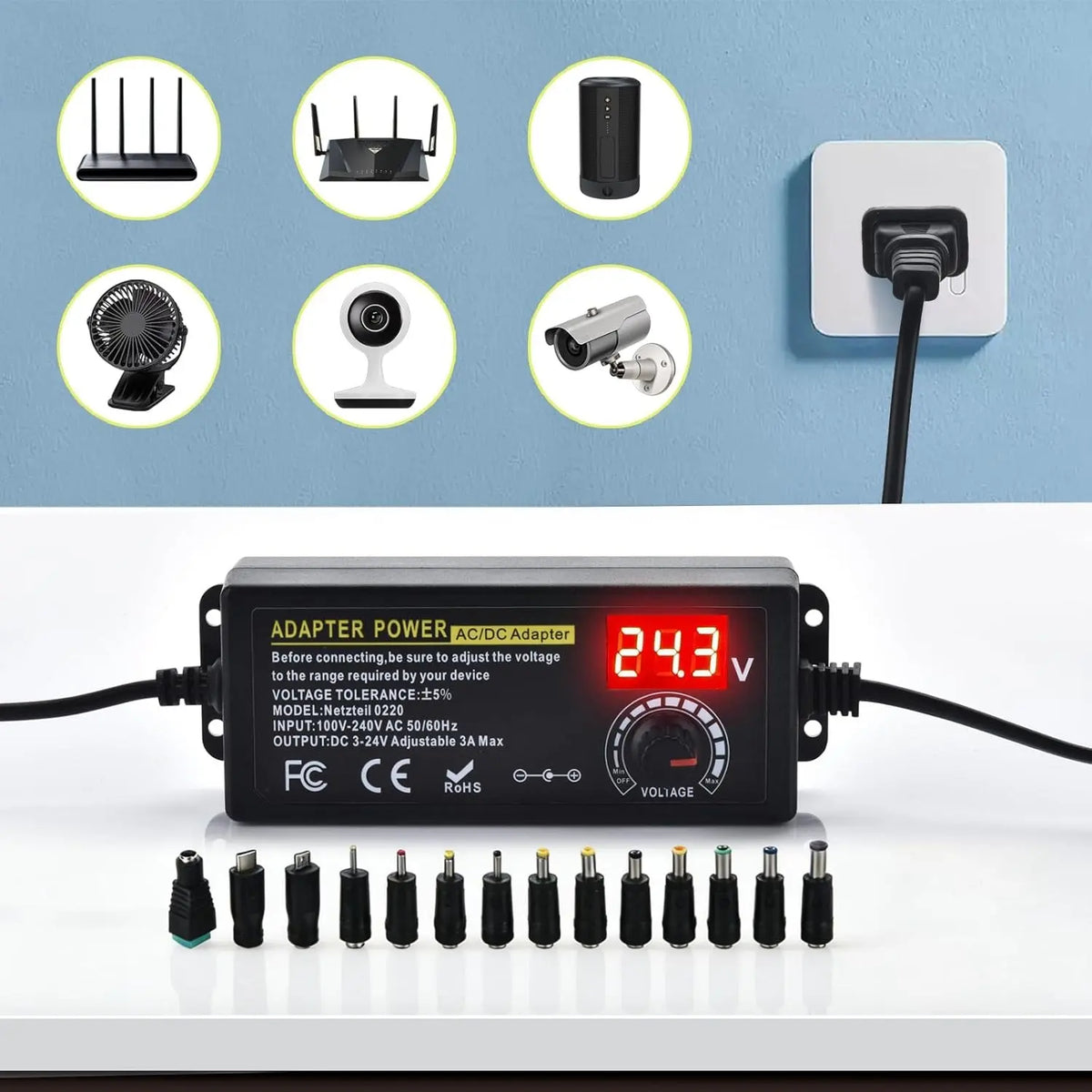 TYIIPLUS Adjustable Universal Power Supply Adapter with 14 Tips & Reverse Polarity Cable