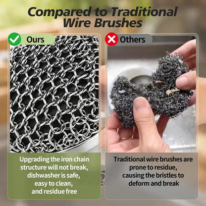 Ultimate Cast Iron Chainmail Scrubber Set with Ergonomic Handle & 2 Pan Scrapers