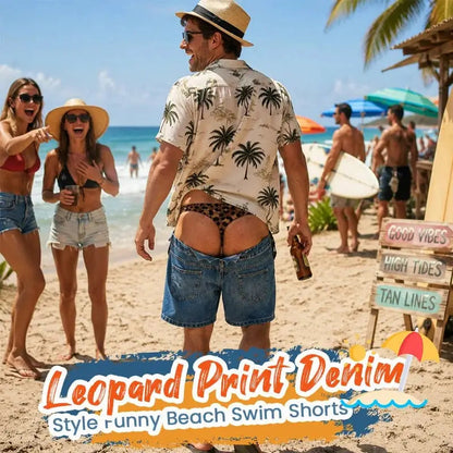 😄Funny Leopard‐Print Fake Denim Swim Shorts | Novelty Illusion Beach Trunks