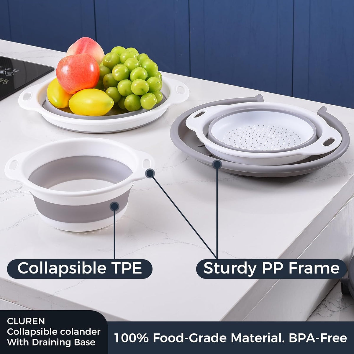 Collapsible Colanders with Self-Draining Base