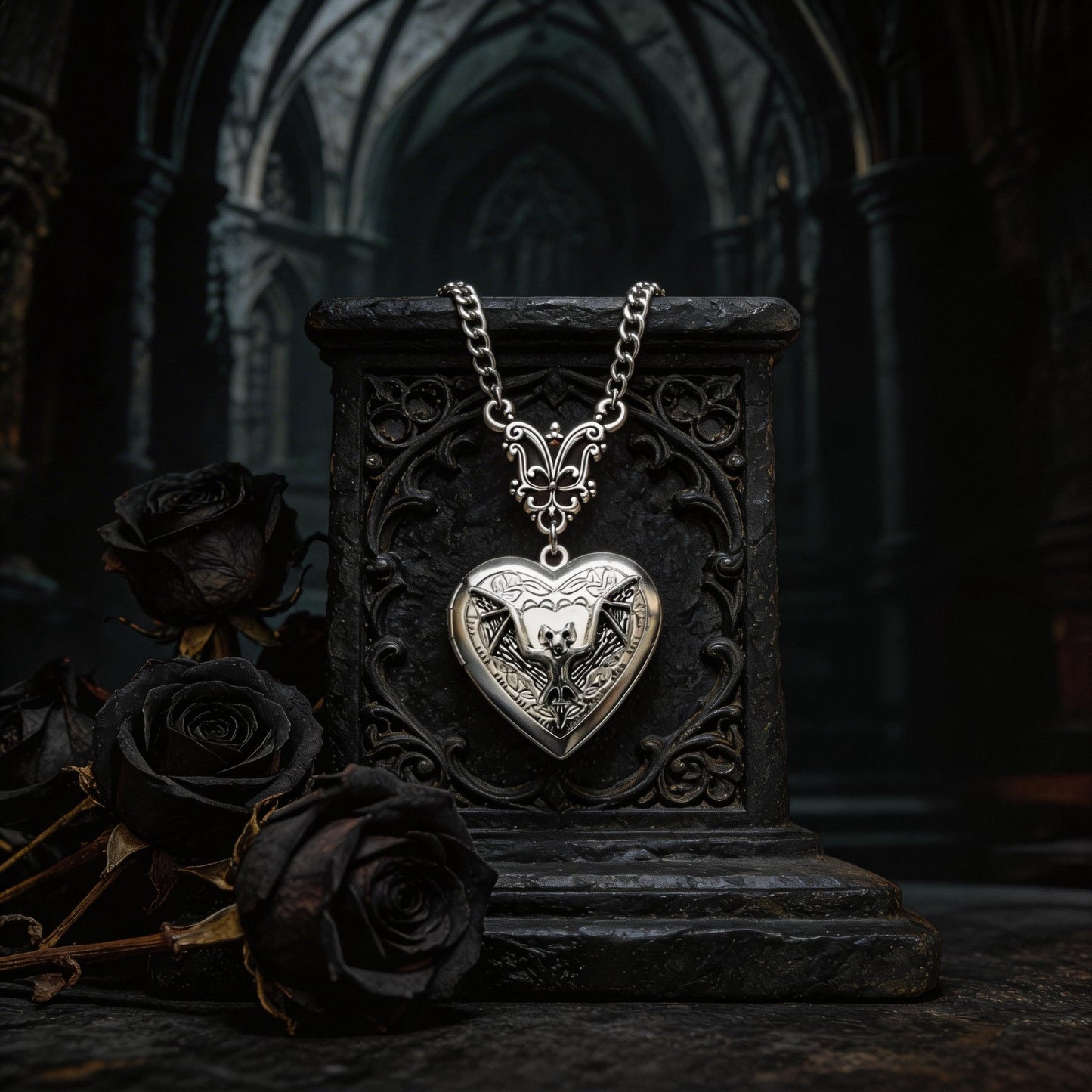 Gothic Bat Heart Locket – Vintage Necklace for Witchy Girls