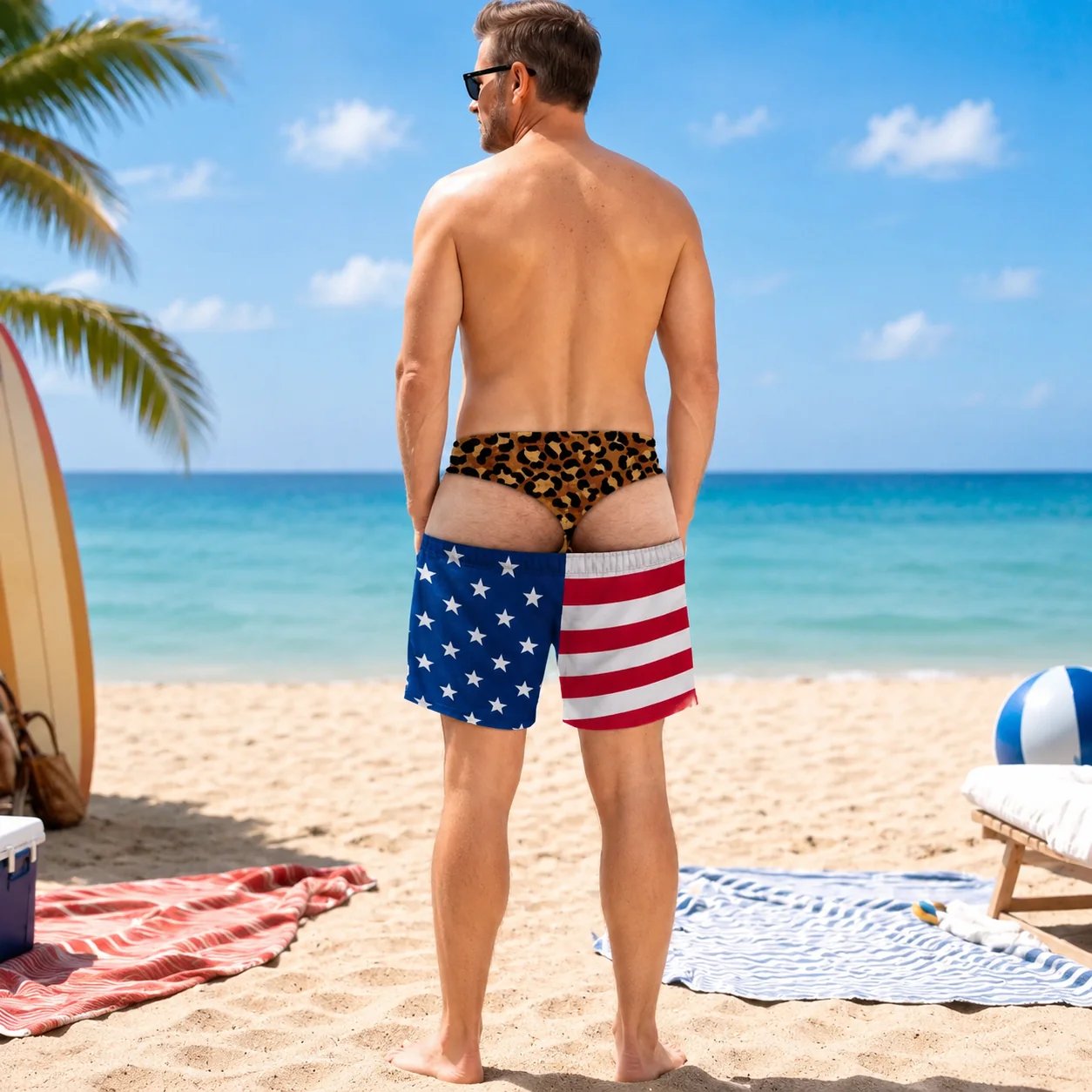 Funny Patriotic Men's Swim Trunks - "Warning Wide Load" Funny Design, Great Gift for Men