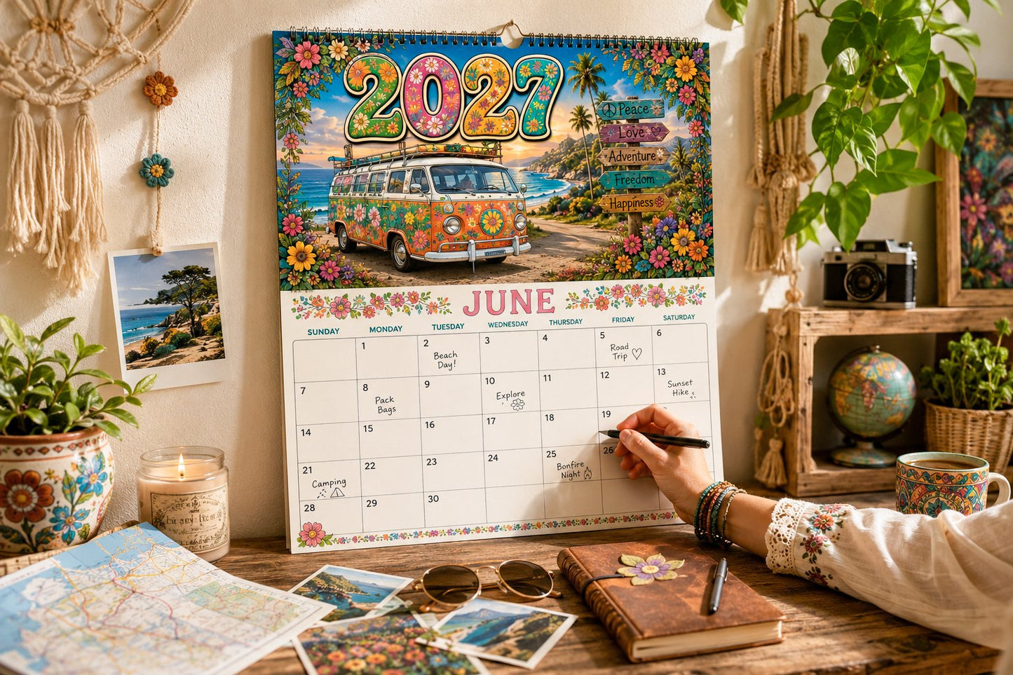 🌼 2027 Hippie Boho Wall Calendar – Retro Road Trip Calendar