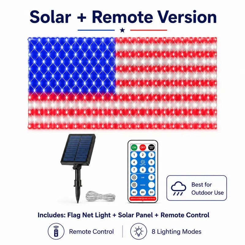 Solar American Flag Net Lights – Waterproof Outdoor LED Patriotic Decorations for 4th of July & Memorial Day