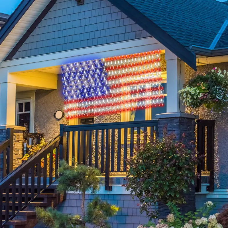 Solar American Flag Net Lights – Waterproof Outdoor LED Patriotic Decorations for 4th of July & Memorial Day