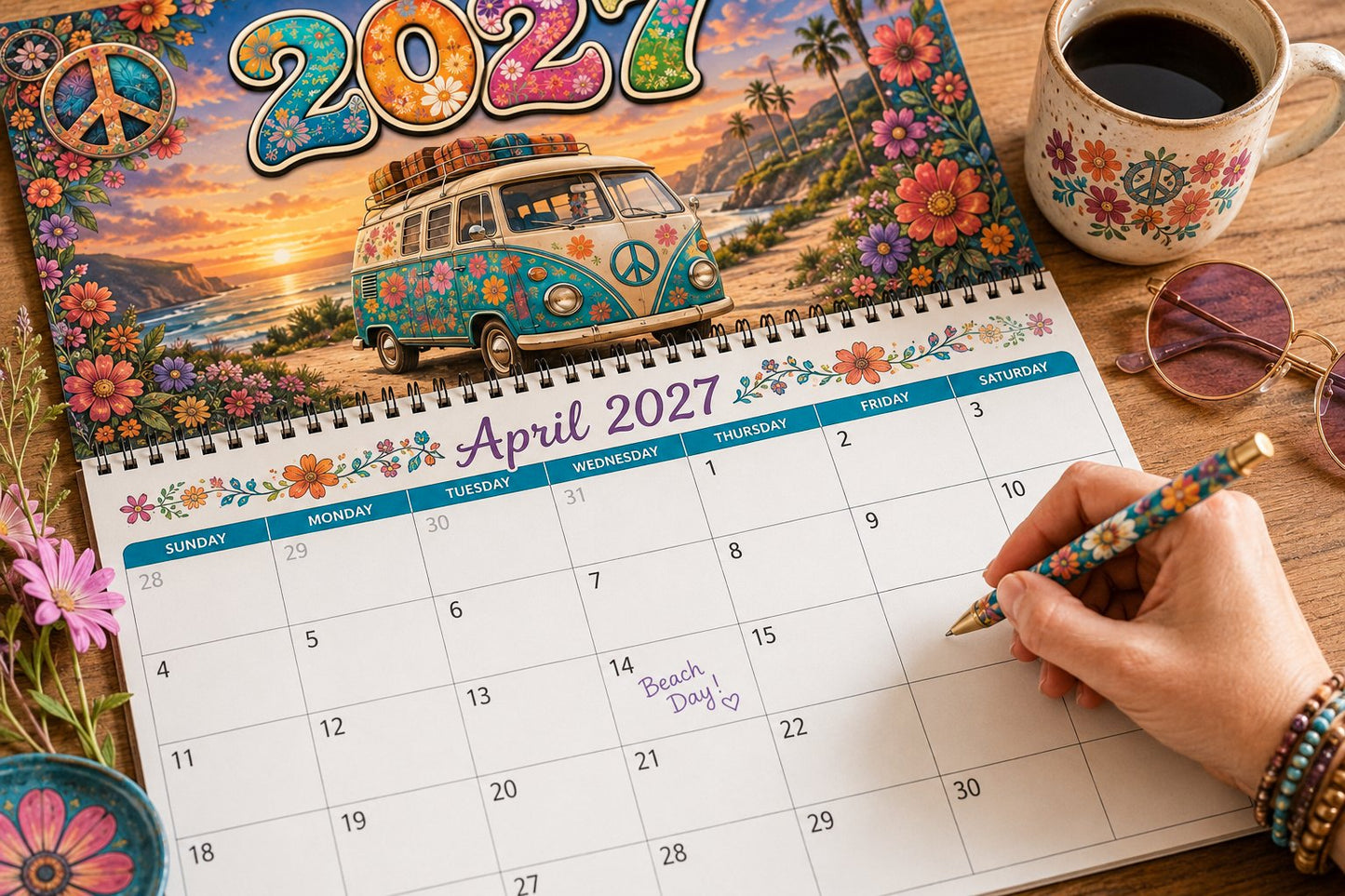 🌼 2027 Hippie Boho Wall Calendar – Retro Road Trip Calendar