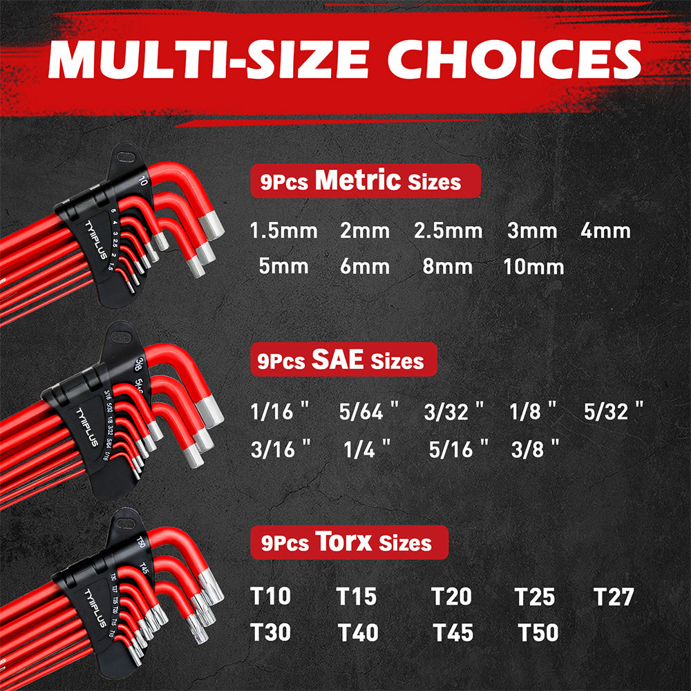 TYIIPLUS 30-Piece Long Arm Ball End L-Hex & Torx Key Set with Grip Handle