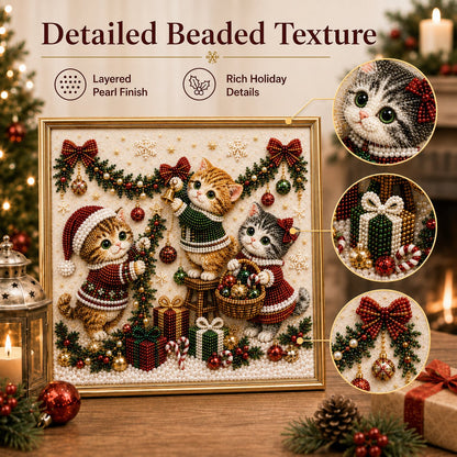 🎄🐾Premium 3D Pearl Christmas Kitty Art Kit | Luxury Flocked Canvas with Scratch-Resistant Non-Fading Pearl Beads DIY Holiday Decor 🎅🐱❄️