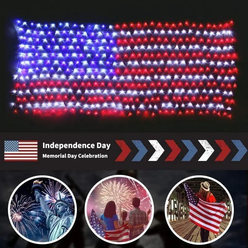 Solar American Flag Net Lights – Waterproof Outdoor LED Patriotic Decorations for 4th of July & Memorial Day