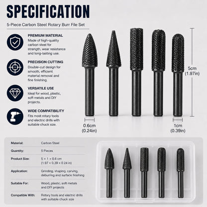 🔥 5-Piece Carbon Steel File Set – High-Speed Wood Grinding & Carving Bits