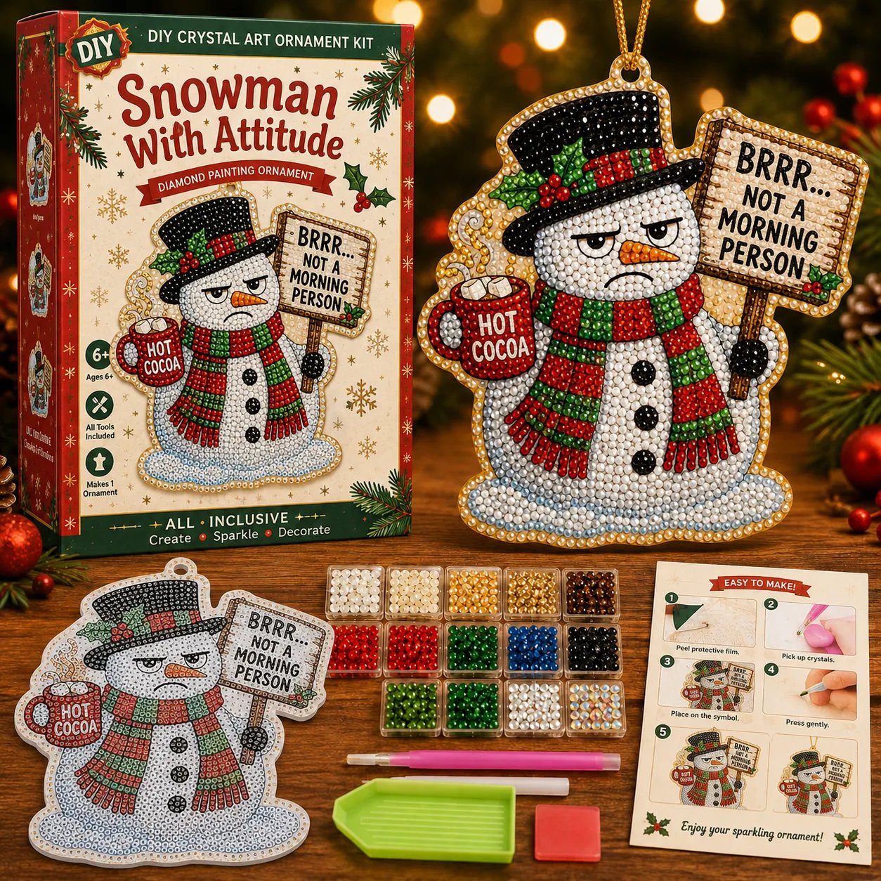 🎄 Beginner-Friendly Funny Christmas Pearl Diamond Art Ornament DIY Kit | Complete Set with Printed Base, Pearl & Crystal Pieces, Tools, Hanging Cord & Instructions Included 💕