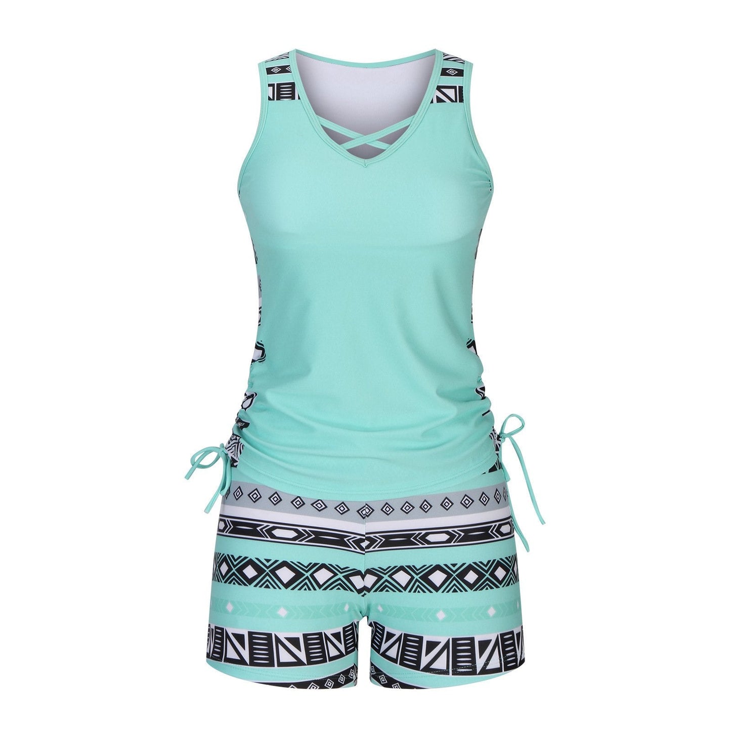 Women's Tummy Control Tankini Set with Built-In Bra – Flattering Boho Swimwear with Shorts