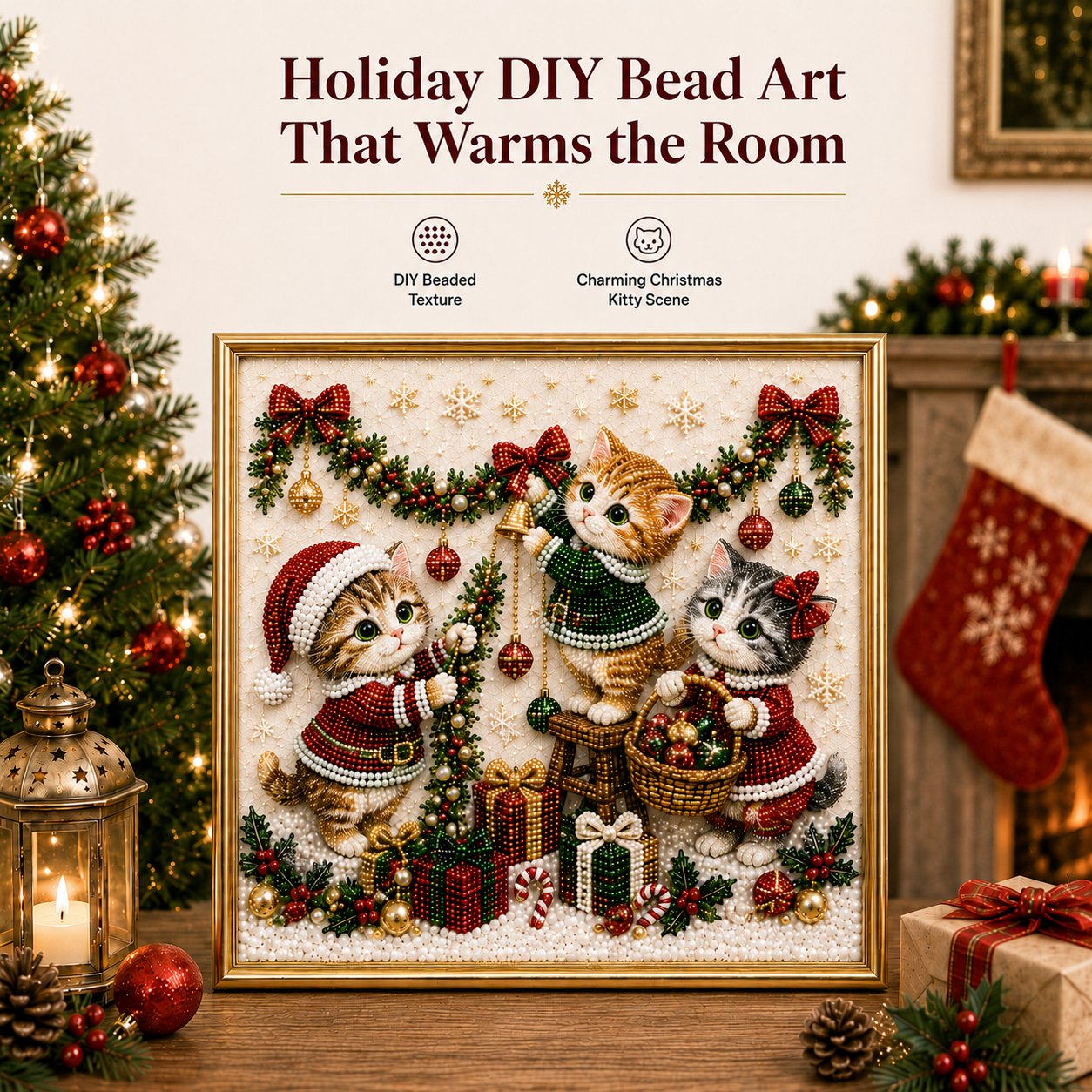 🎄🐾Premium 3D Pearl Christmas Kitty Art Kit | Luxury Flocked Canvas with Scratch-Resistant Non-Fading Pearl Beads DIY Holiday Decor 🎅🐱❄️