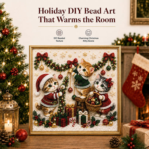 🎄🐾Premium 3D Pearl Christmas Kitty Art Kit | Luxury Flocked Canvas with Scratch-Resistant Non-Fading Pearl Beads DIY Holiday Decor 🎅🐱❄️