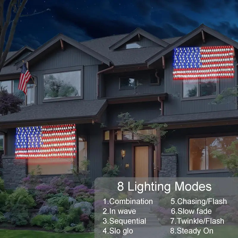 Solar American Flag Net Lights – Waterproof Outdoor LED Patriotic Decorations for 4th of July & Memorial Day