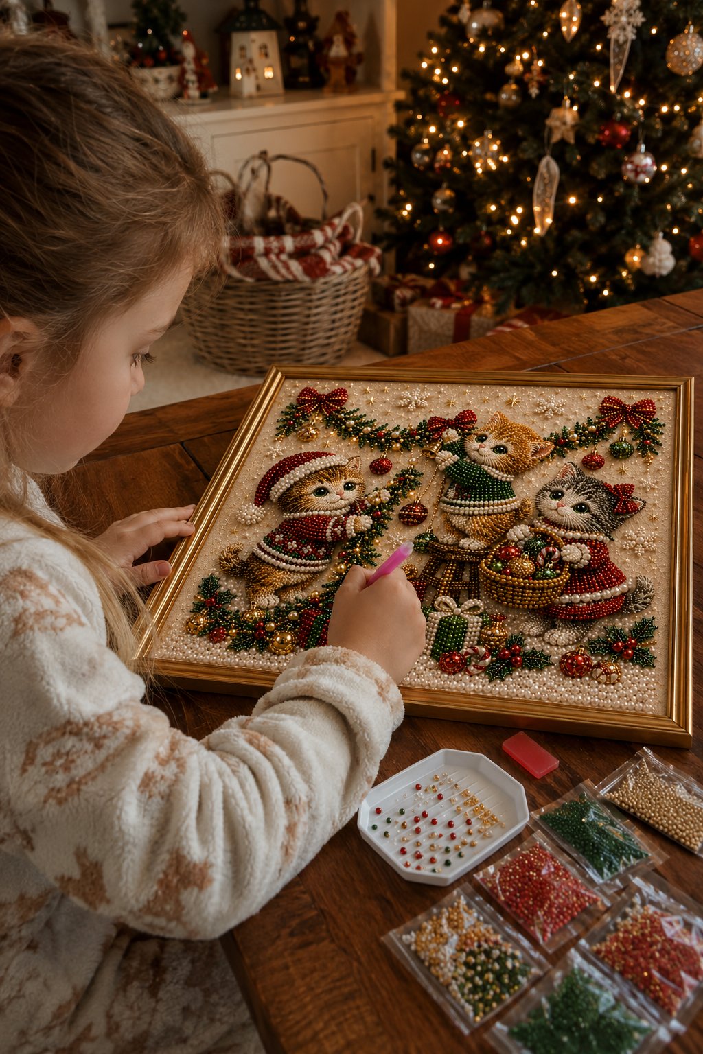 🎄🐾Premium 3D Pearl Christmas Kitty Art Kit | Luxury Flocked Canvas with Scratch-Resistant Non-Fading Pearl Beads DIY Holiday Decor 🎅🐱❄️