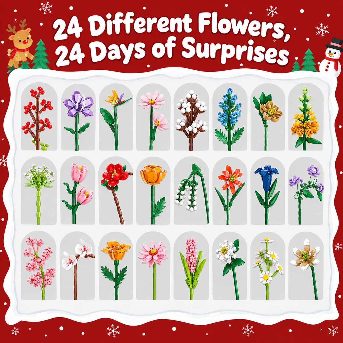 24-Day Flower Bouquet Building Blocks Advent Calendar – 24 Different Flowers Christmas Countdown Building Set