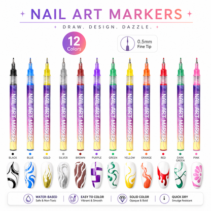 12-Color Nail Art Pens Set – Ultra-Fine DIY Manicure Paint Pens