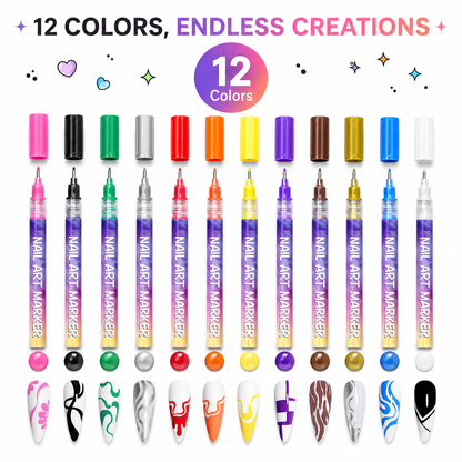 12-Color Nail Art Pens Set – Ultra-Fine DIY Manicure Paint Pens