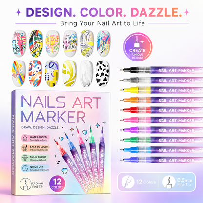 12-Color Nail Art Pens Set – Ultra-Fine DIY Manicure Paint Pens