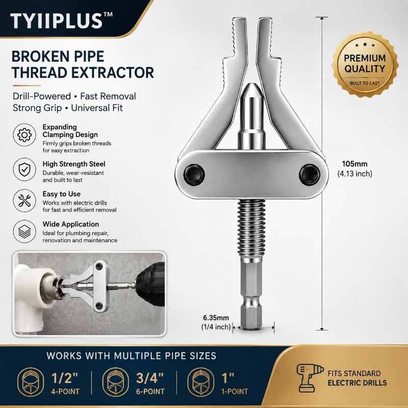 TYIIPLUS™ Drill-Powered Broken Pipe Thread Extractor – Universal 1/2", 3/4" & 1" Broken Pipe Nipple Remover Tool