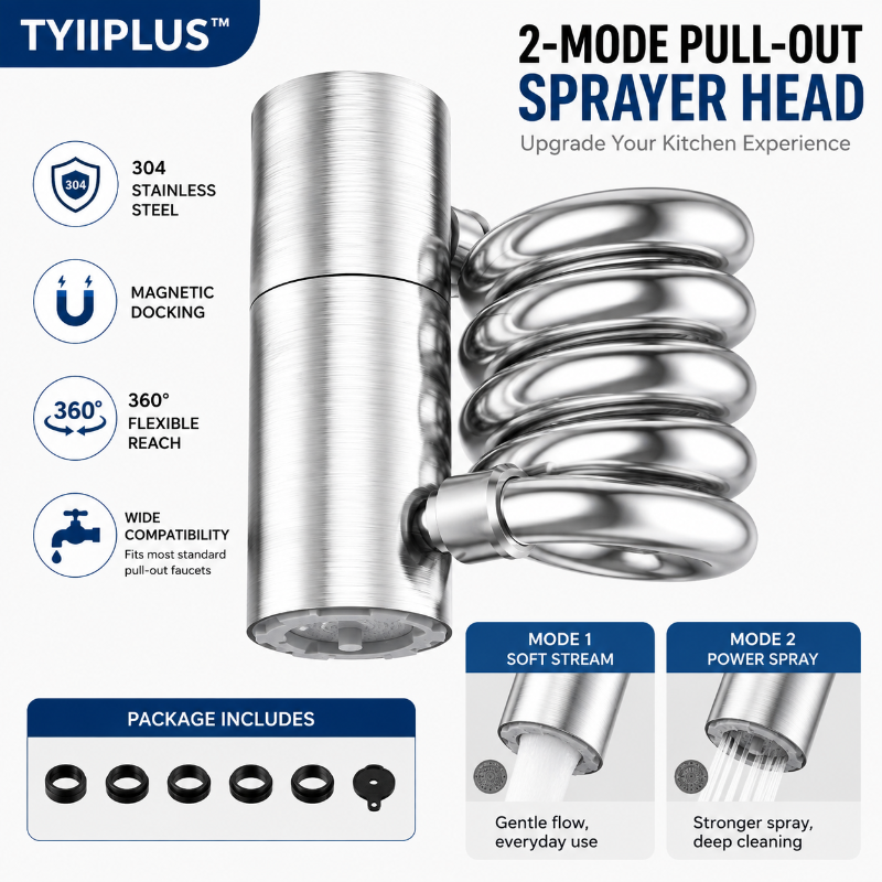 TYIIPLUS™ 304 Stainless Steel Pull-Out Faucet Sprayer Head | 2-Mode Kitchen Sink Faucet Extender with 360° Flexible Hose
