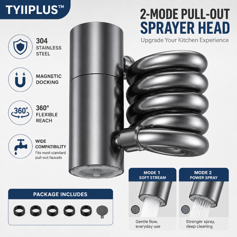 TYIIPLUS™ 304 Stainless Steel Pull-Out Faucet Sprayer Head | 2-Mode Kitchen Sink Faucet Extender with 360° Flexible Hose