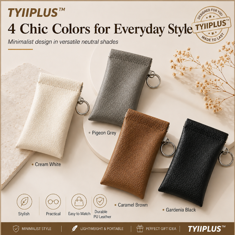 TYIIPLUS™ Minimalist PU Leather Eyeglasses Pouch – Portable Sunglasses Case with Built-In Cleaning Cloth & Key Ring