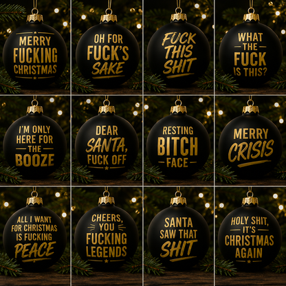 TYIIPLUS™ Naughty Christmas Ornaments – Funny Swear Word Baubles for Adults, Black & Gold Christmas Tree Decorations