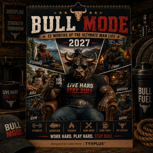 Bull Mode™ 2027 A4 Funny Men's Desk Calendar – 12 Rugged Bull Lifestyle Designs | TYIIPLUS™