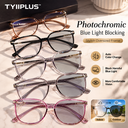 TYIIPLUS™ Women's Photochromic Prescription Glasses – Oversized Fashion Frames with Blue Light Protection
