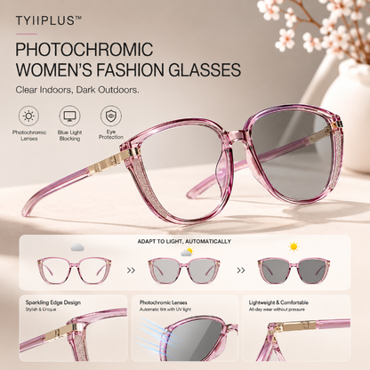 TYIIPLUS™ Women's Photochromic Prescription Glasses – Oversized Fashion Frames with Blue Light Protection