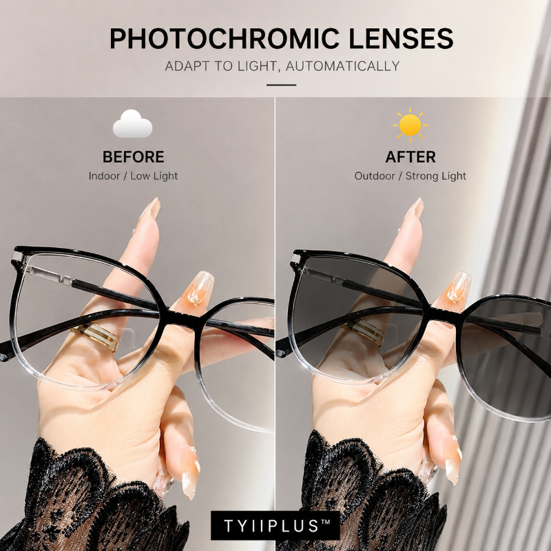 TYIIPLUS™ Women's Photochromic Prescription Glasses – Oversized Fashion Frames with Blue Light Protection