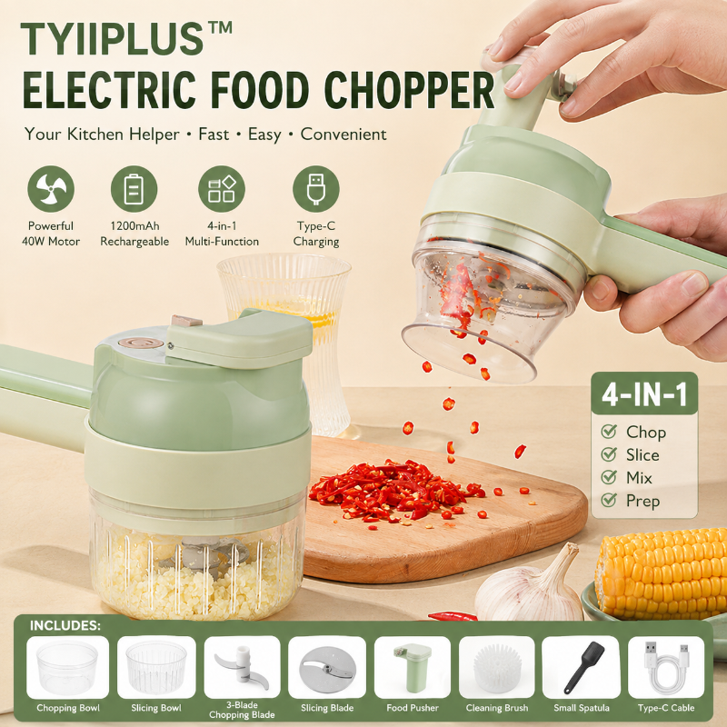 TYIIPLUS™ 4-in-1 Rechargeable Food Chopper – 1200mAh Cordless Food Processor with 40W Motor, Slicer & Chopper Blades