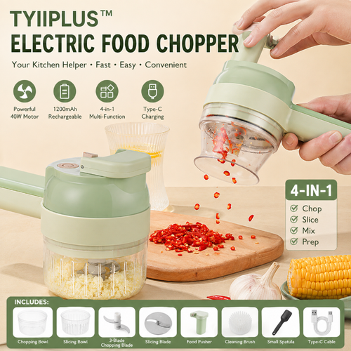TYIIPLUS™ 4-in-1 Rechargeable Food Chopper – 1200mAh Cordless Food Processor with 40W Motor, Slicer & Chopper Blades