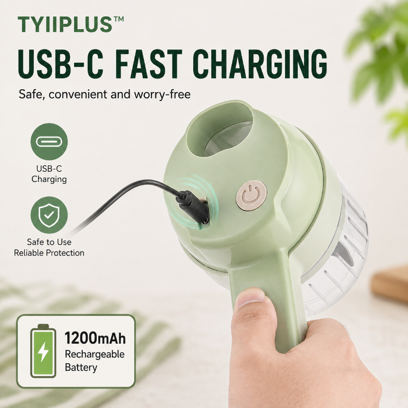 TYIIPLUS™ 4-in-1 Rechargeable Food Chopper – 1200mAh Cordless Food Processor with 40W Motor, Slicer & Chopper Blades