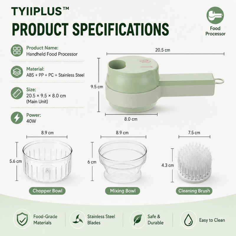 TYIIPLUS™ 4-in-1 Rechargeable Food Chopper – 1200mAh Cordless Food Processor with 40W Motor, Slicer & Chopper Blades