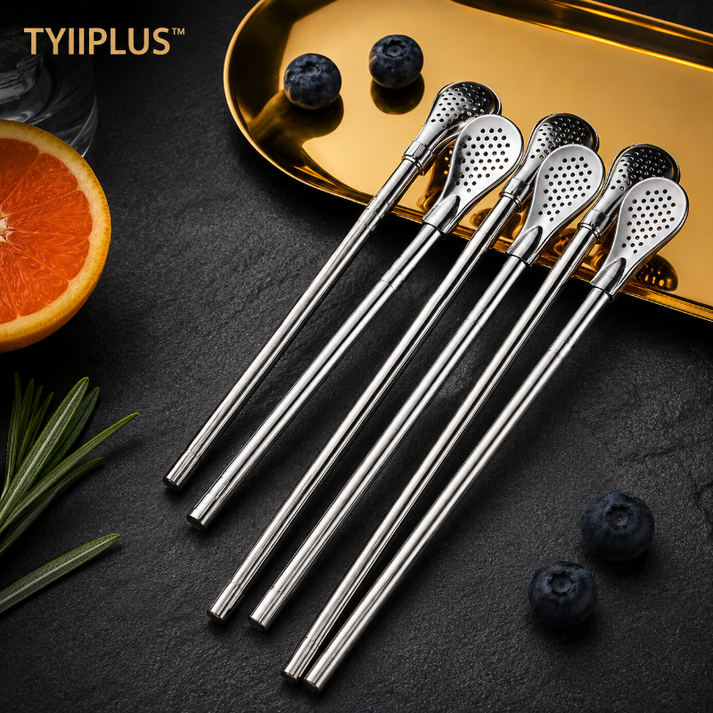 TYIIPLUS™ 2-in-1 Stainless Steel Straw & Spoon – Reusable Drinking Straw with Stirring Spoon, Filter & Cleaning Brush
