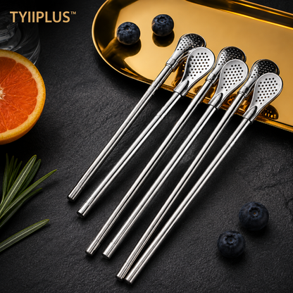 TYIIPLUS™ 2-in-1 Stainless Steel Straw & Spoon – Reusable Drinking Straw with Stirring Spoon, Filter & Cleaning Brush