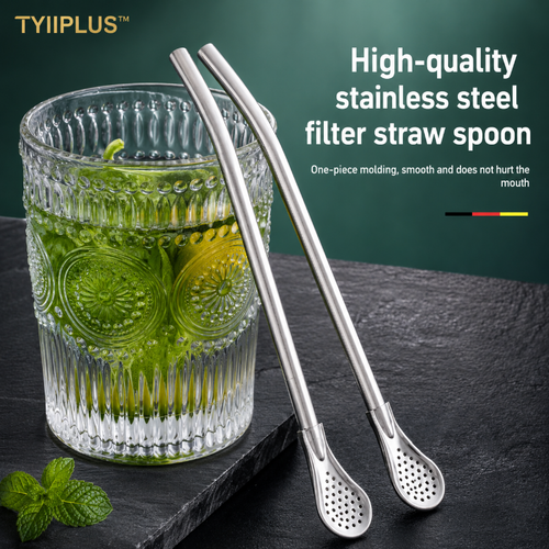 TYIIPLUS™ 2-in-1 Stainless Steel Straw & Spoon – Reusable Drinking Straw with Stirring Spoon, Filter & Cleaning Brush