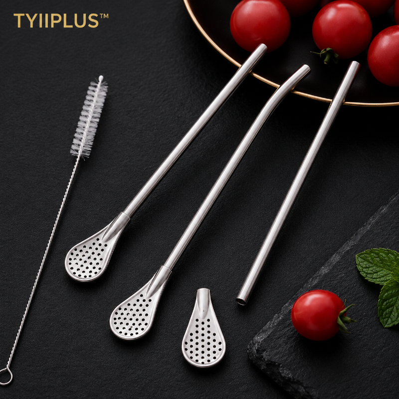 TYIIPLUS™ 2-in-1 Stainless Steel Straw & Spoon – Reusable Drinking Straw with Stirring Spoon, Filter & Cleaning Brush