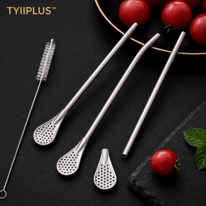 TYIIPLUS™ 2-in-1 Stainless Steel Straw & Spoon – Reusable Drinking Straw with Stirring Spoon, Filter & Cleaning Brush