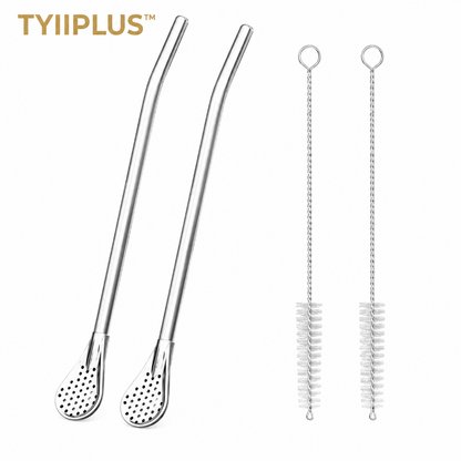 TYIIPLUS™ 2-in-1 Stainless Steel Straw & Spoon – Reusable Drinking Straw with Stirring Spoon, Filter & Cleaning Brush