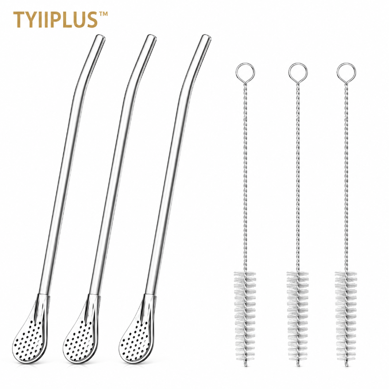 TYIIPLUS™ 2-in-1 Stainless Steel Straw & Spoon – Reusable Drinking Straw with Stirring Spoon, Filter & Cleaning Brush